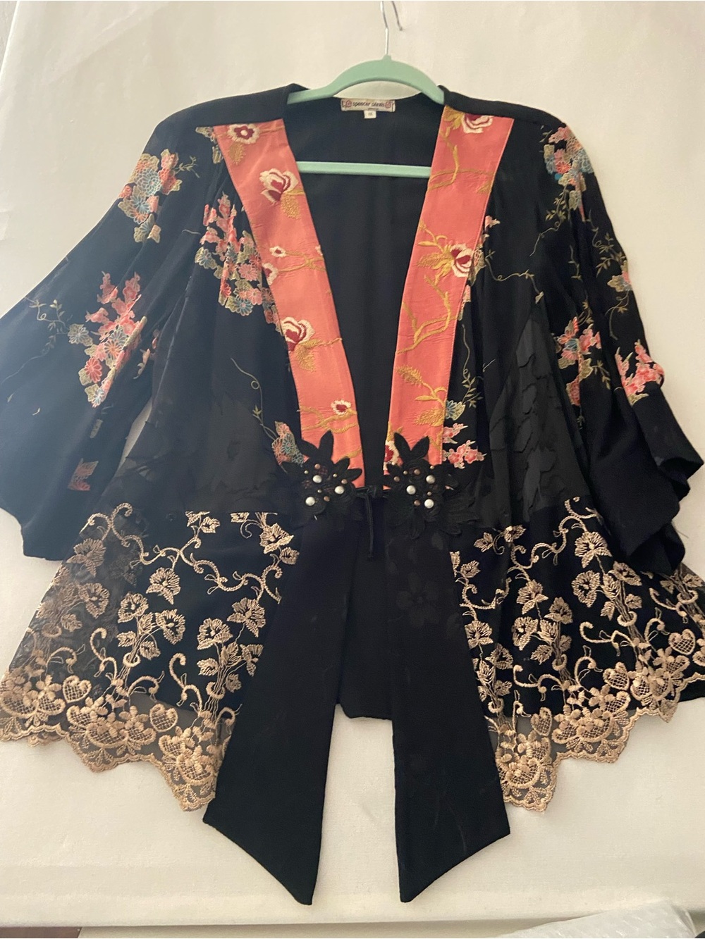 Black Embroidered Kimono-Style Sweater with Pink Trim
